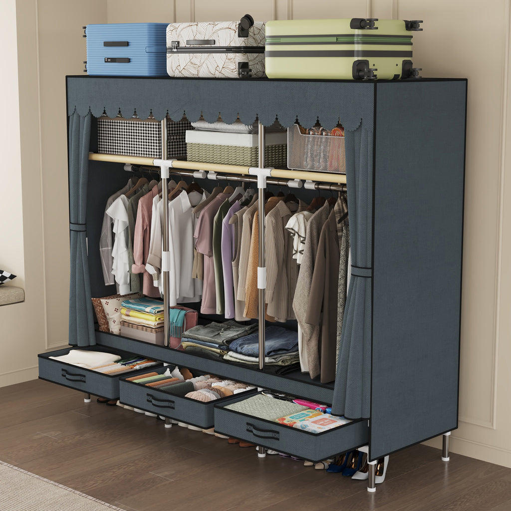 Portable Wardrobe, Freestanding Closet Hanging Organization, Metal Frame with Grey Fabric Cover, 3 Storage Compartments, 3 Hanging Rods, 3 Drawers.