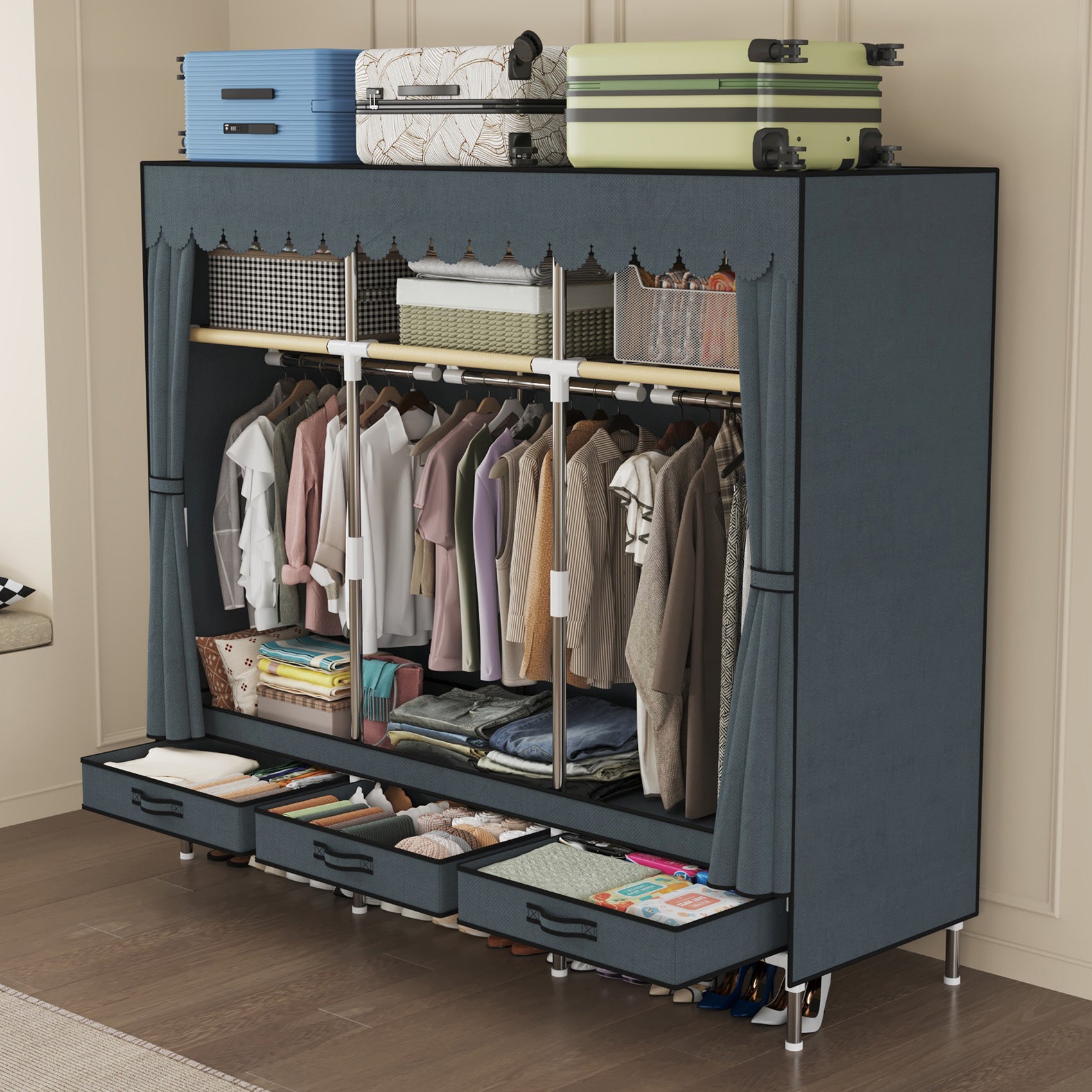 Portable Wardrobe, Freestanding Closet Hanging Organization, Metal Frame with Grey Fabric Cover, 3 Storage Compartments, 3 Hanging Rods, 3 Drawers.