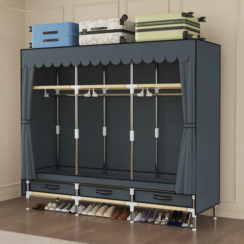 Portable Wardrobe, Freestanding Closet Hanging Organization, Metal Frame with Grey Fabric Cover, 3 Storage Compartments, 3 Hanging Rods, 3 Drawers.