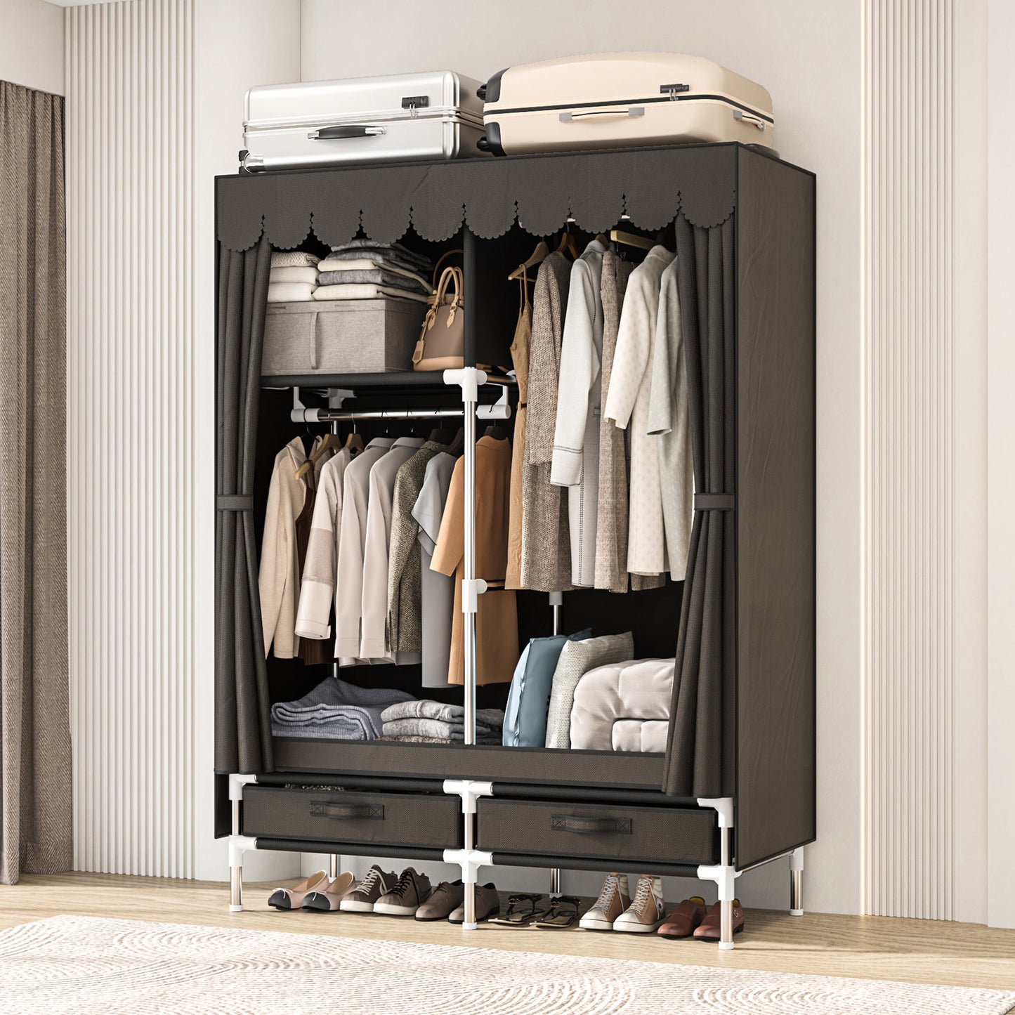 LEAIJIAFY Portable Wardrobe with 2 Hanging Rods and Drawers