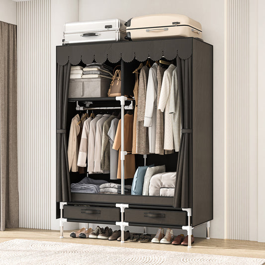 LEAIJIAFY Portable Wardrobe with 2 Hanging Rods and Drawers