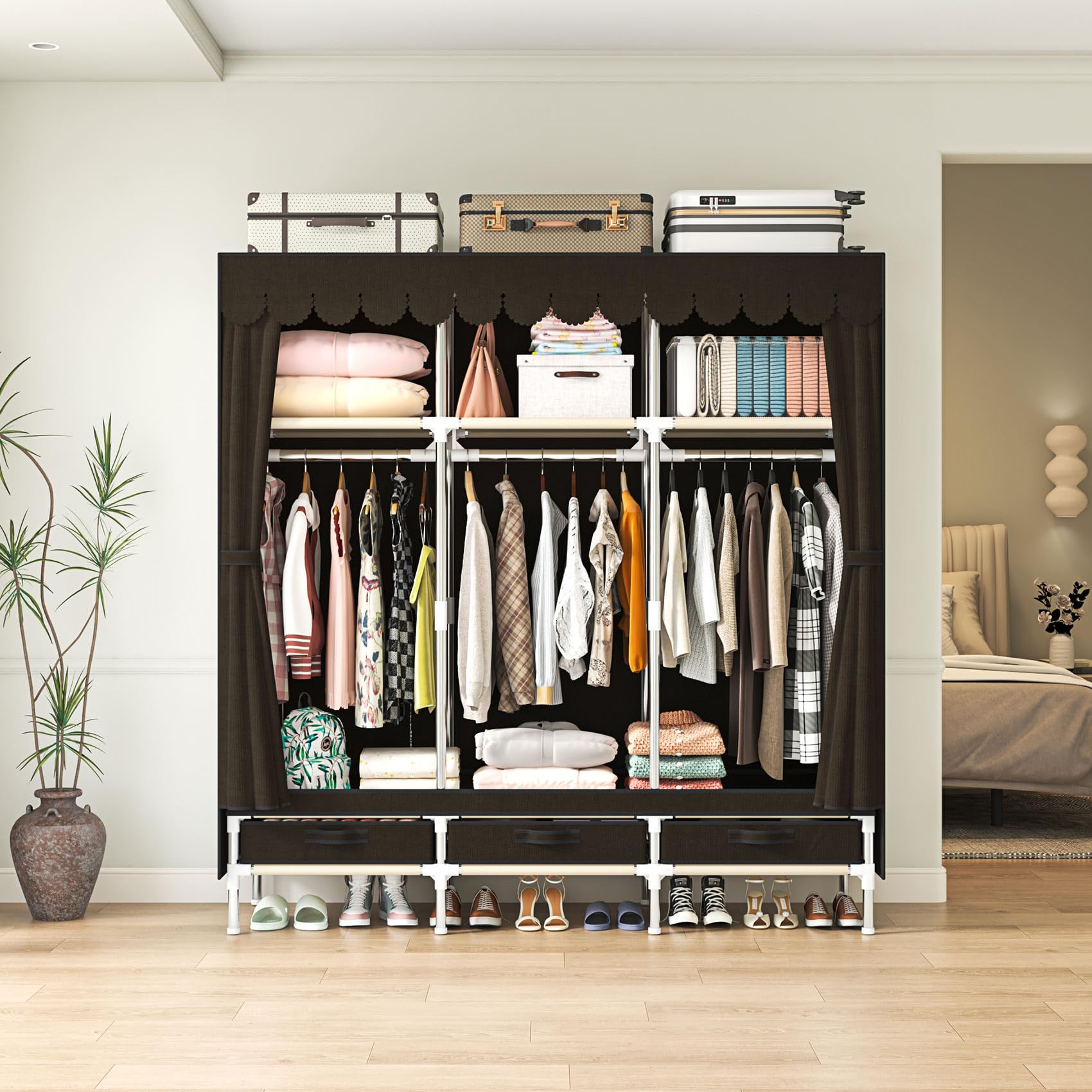 Portable Wardrobe, Freestanding Closet Hanging Organization, Metal Frame with Grey Fabric Cover, 3 Storage Compartments, 3 Hanging Rods, 3 Drawers.