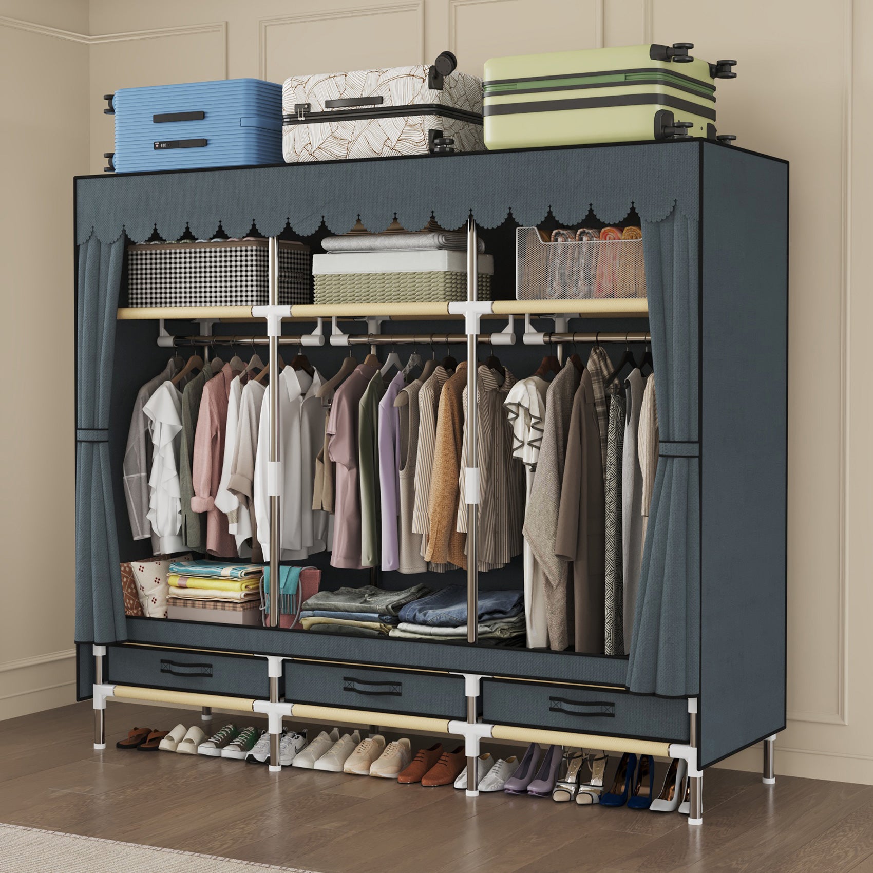 Portable Wardrobe, Freestanding Closet Hanging Organization, Metal Frame with Grey Fabric Cover, 3 Storage Compartments, 3 Hanging Rods, 3 Drawers.