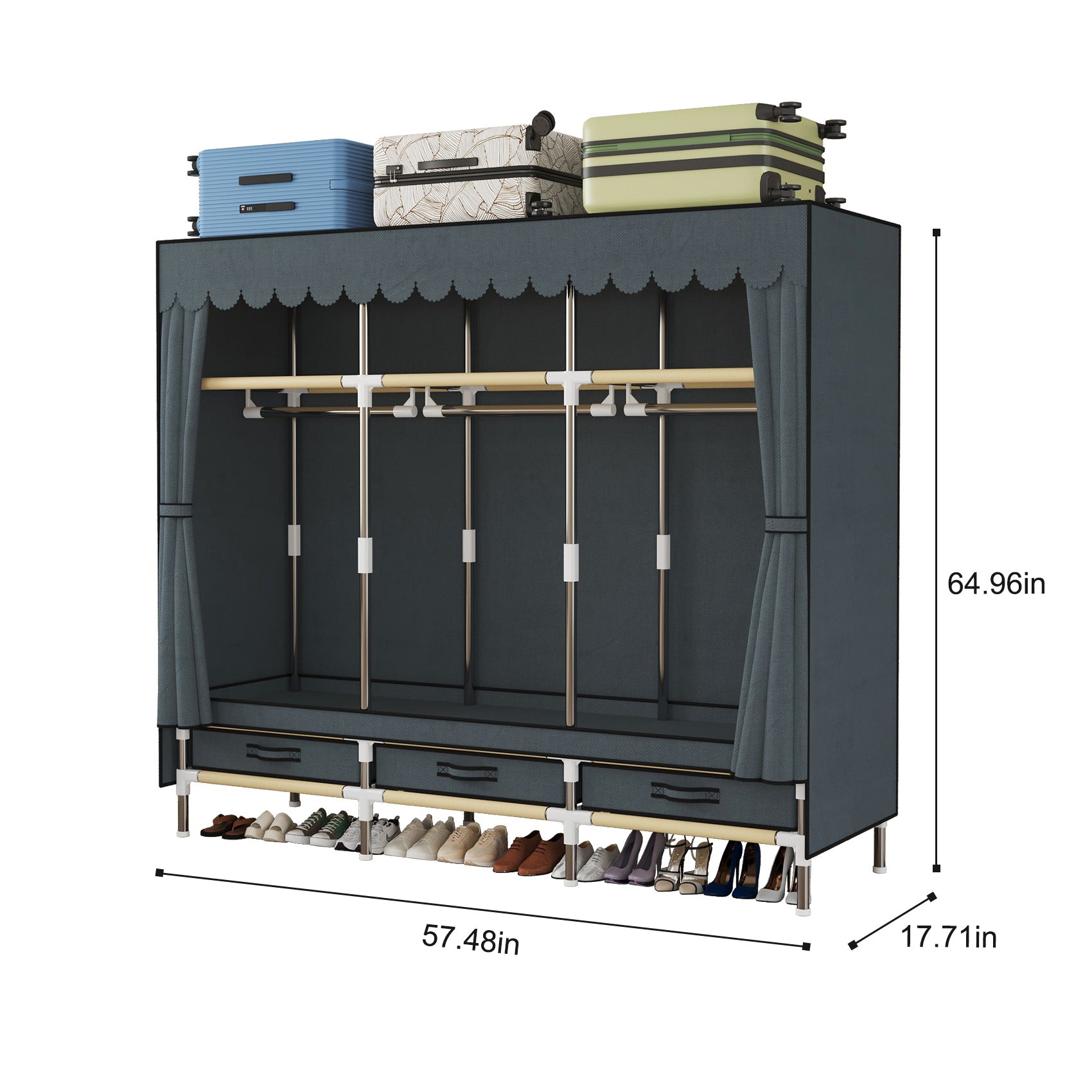 Portable Wardrobe, Freestanding Closet Hanging Organization, Metal Frame with Grey Fabric Cover, 3 Storage Compartments, 3 Hanging Rods, 3 Drawers.