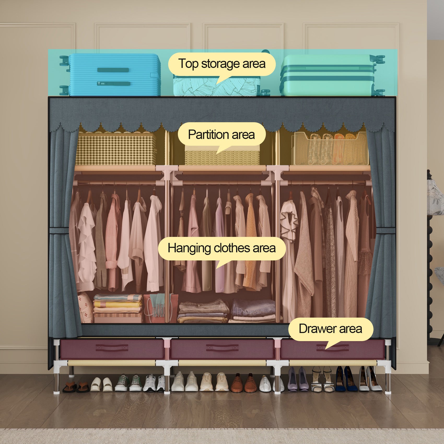 Portable Wardrobe, Freestanding Closet Hanging Organization, Metal Frame with Grey Fabric Cover, 3 Storage Compartments, 3 Hanging Rods, 3 Drawers.