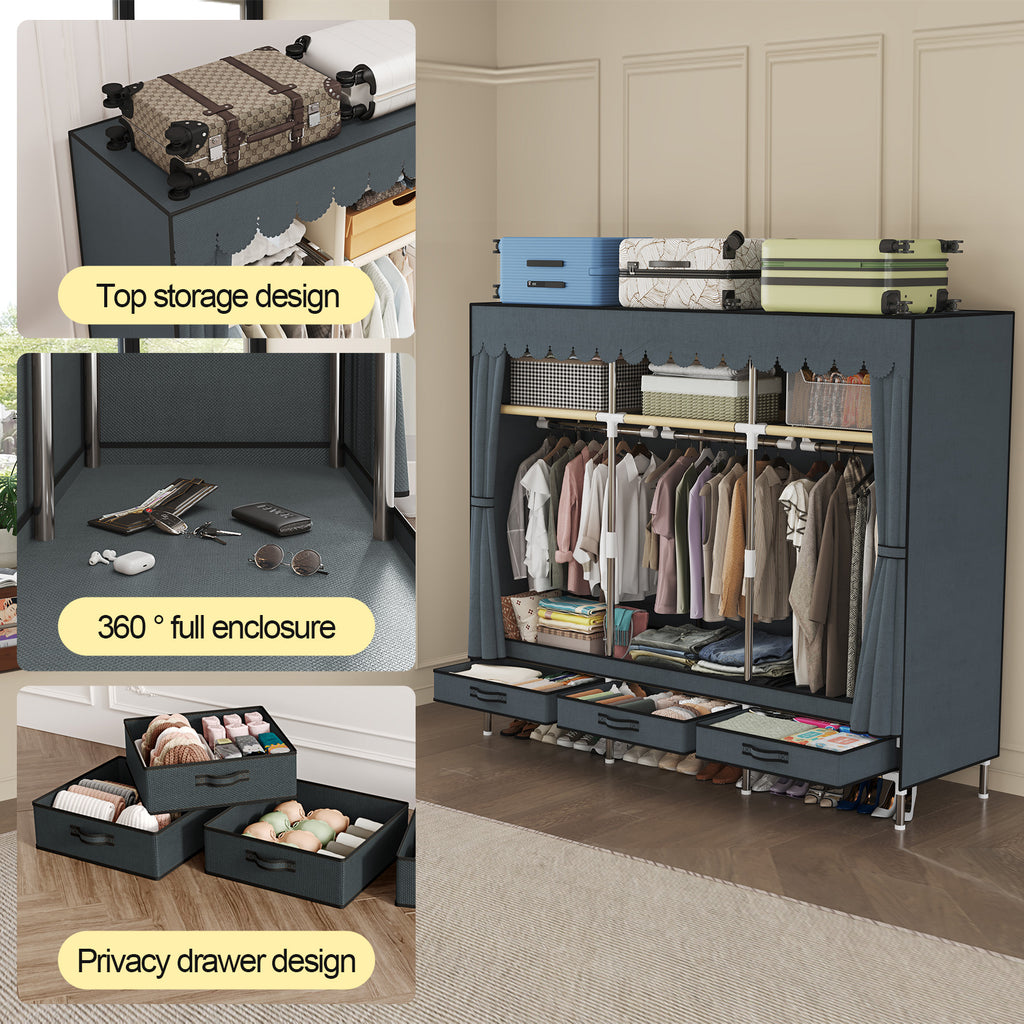 Portable Wardrobe, Freestanding Closet Hanging Organization, Metal Frame with Grey Fabric Cover, 3 Storage Compartments, 3 Hanging Rods, 3 Drawers.