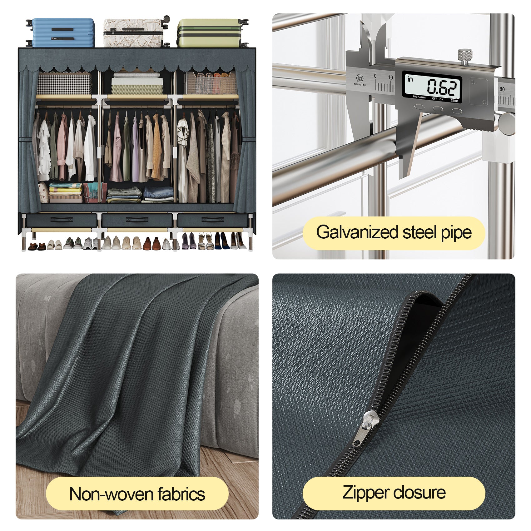 Portable Wardrobe, Freestanding Closet Hanging Organization, Metal Frame with Grey Fabric Cover, 3 Storage Compartments, 3 Hanging Rods, 3 Drawers.