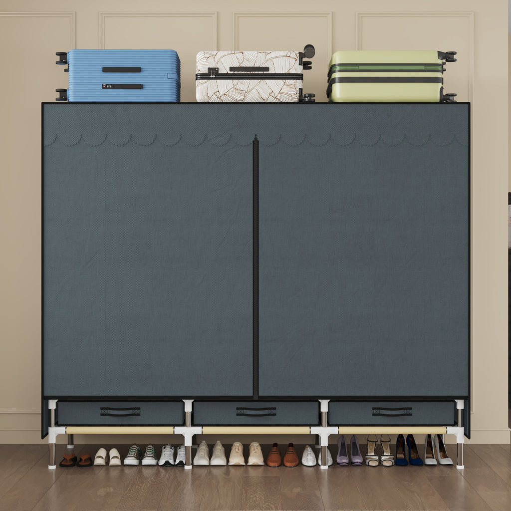 Portable Wardrobe, Freestanding Closet Hanging Organization, Metal Frame with Grey Fabric Cover, 3 Storage Compartments, 3 Hanging Rods, 3 Drawers.