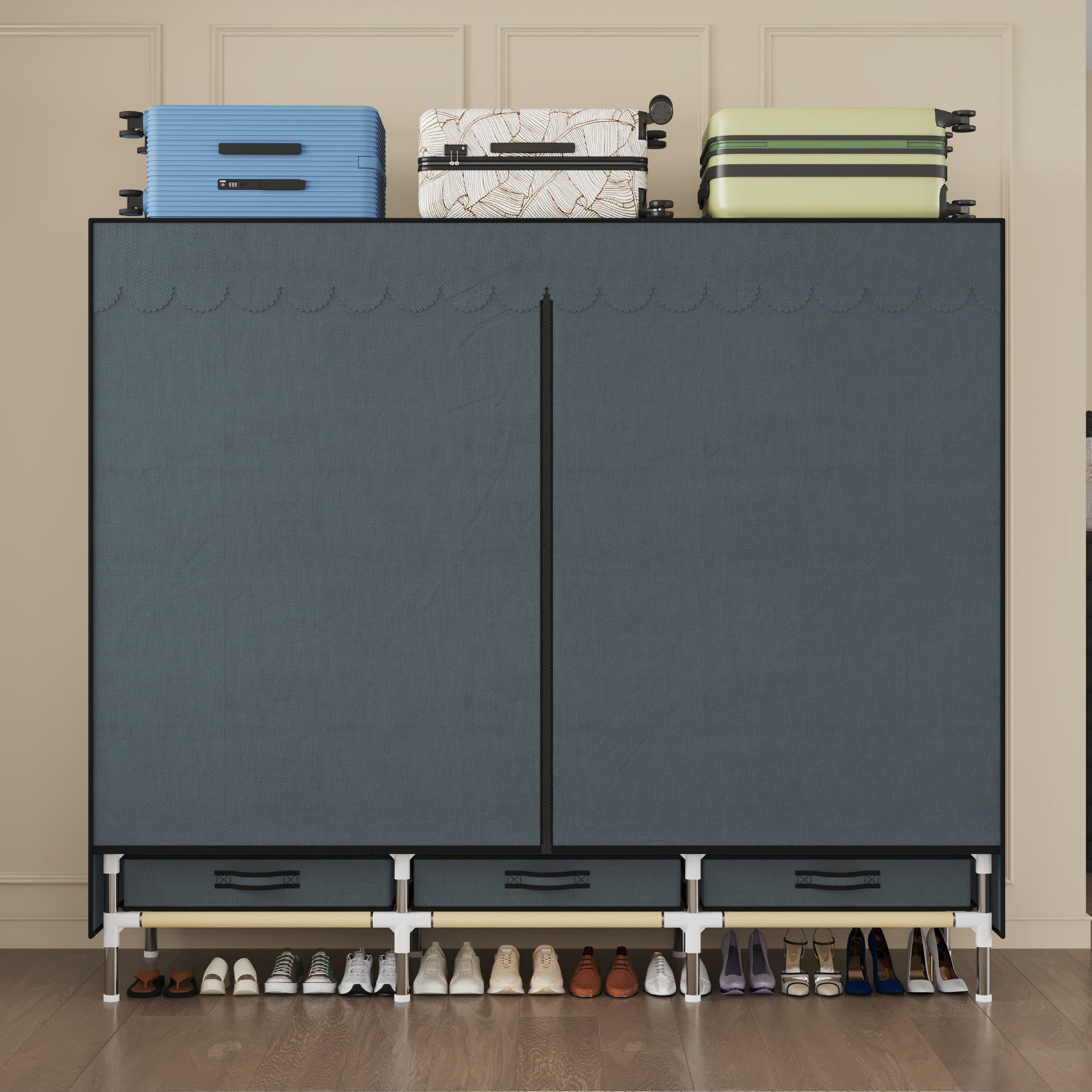 Portable Wardrobe, Freestanding Closet Hanging Organization, Metal Frame with Grey Fabric Cover, 3 Storage Compartments, 3 Hanging Rods, 3 Drawers.