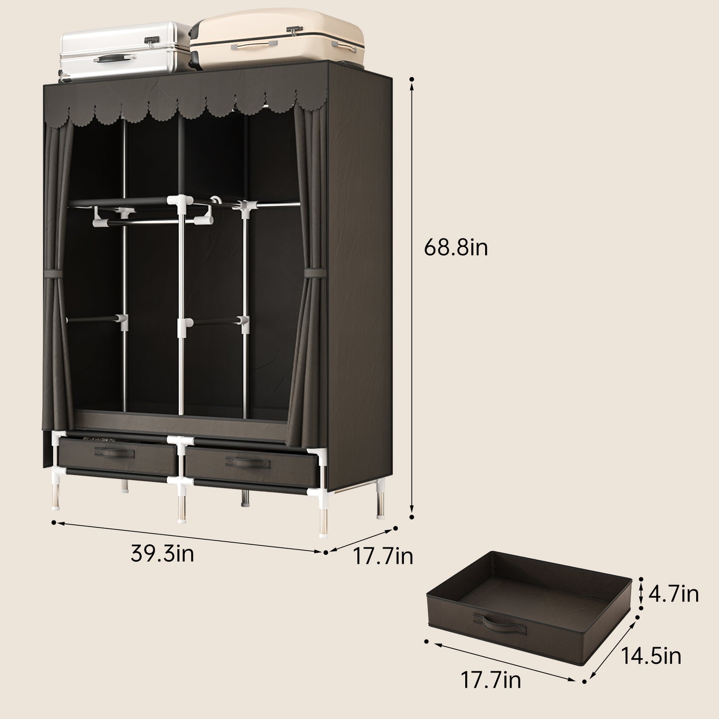 LEAIJIAFY Portable Wardrobe with 2 Hanging Rods and Drawers