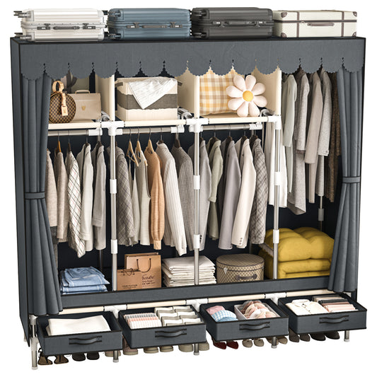 LEAIJIAFY Portable Wardrobe with 4 Hanging Rods and Drawers