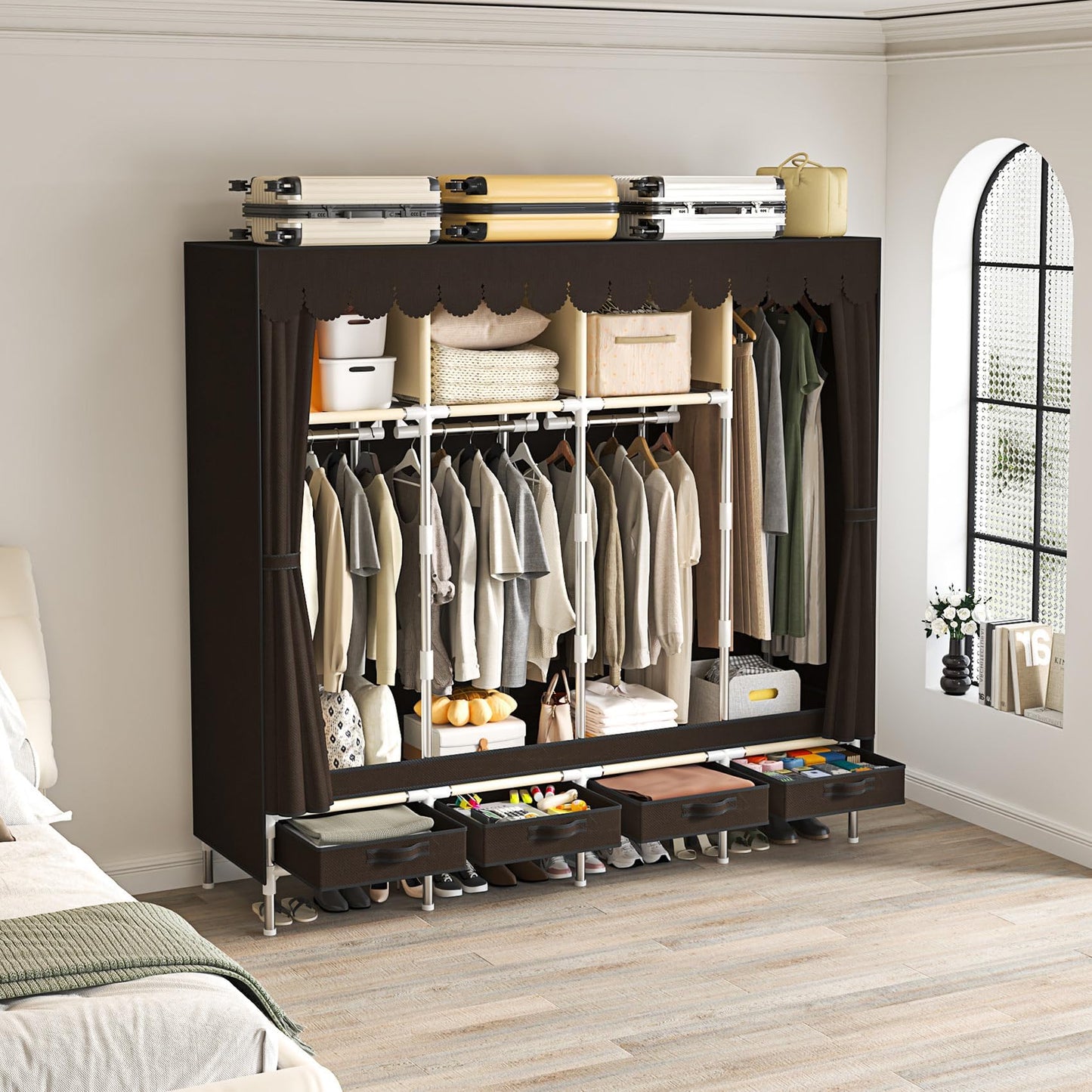 LEAIJIAFY Portable Wardrobe with 4 Hanging Rods and Drawers