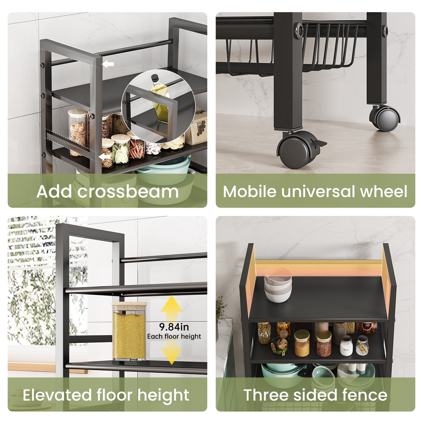 LEAIJIAFY 4-Tier Metal Rolling Cart with Removable Grid Shelves