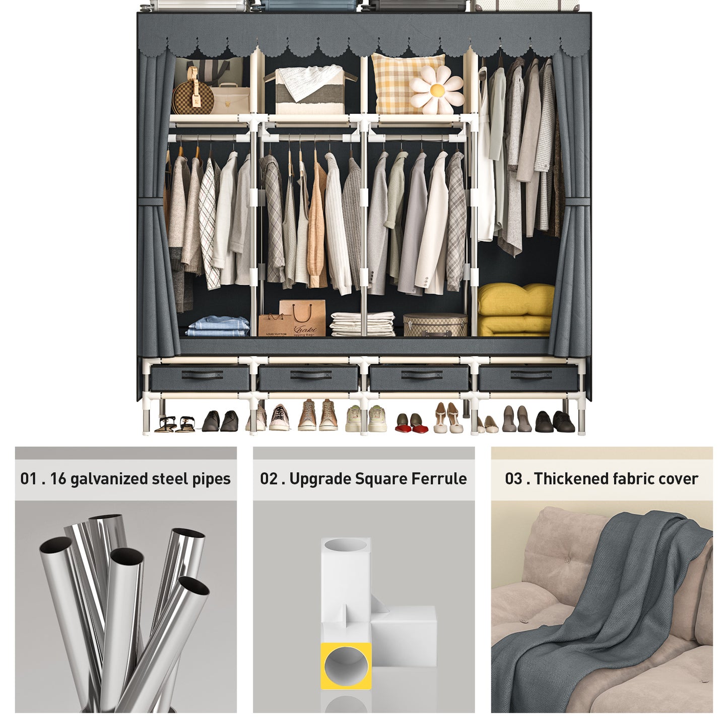LEAIJIAFY Portable Wardrobe with 4 Hanging Rods and Drawers