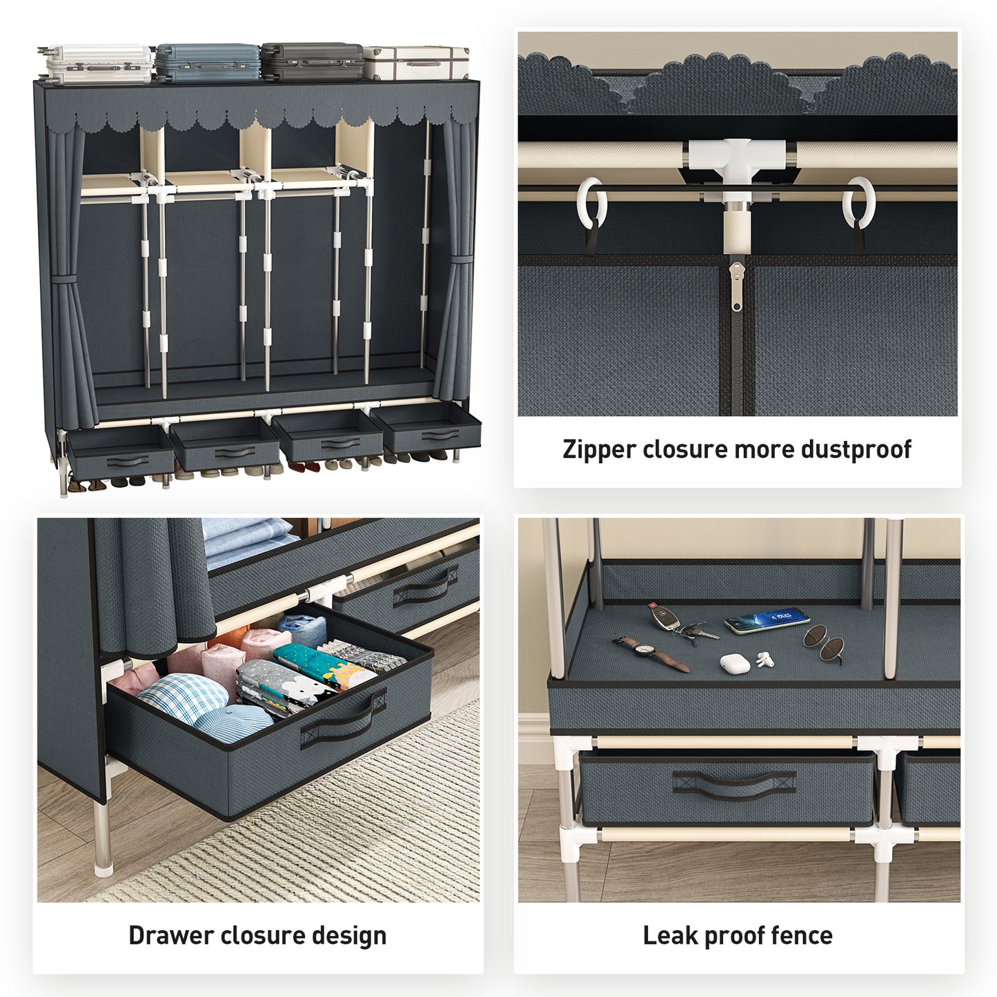 LEAIJIAFY Portable Wardrobe with 4 Hanging Rods and Drawers