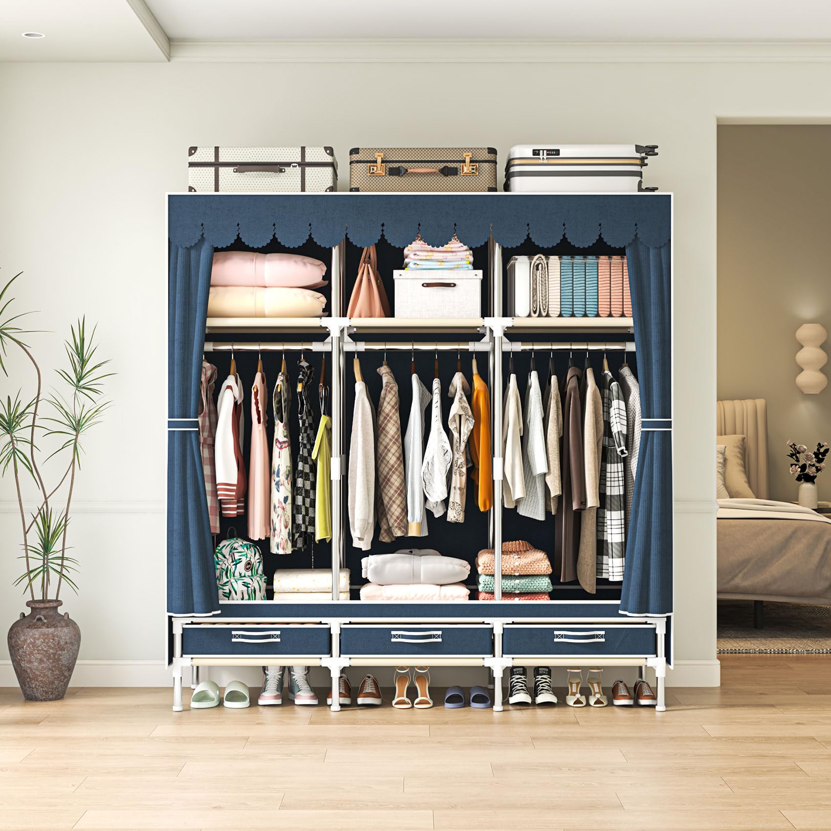 Portable Wardrobe, Freestanding Closet Hanging Organization, Metal Frame with Grey Fabric Cover, 3 Storage Compartments, 3 Hanging Rods, 3 Drawers.
