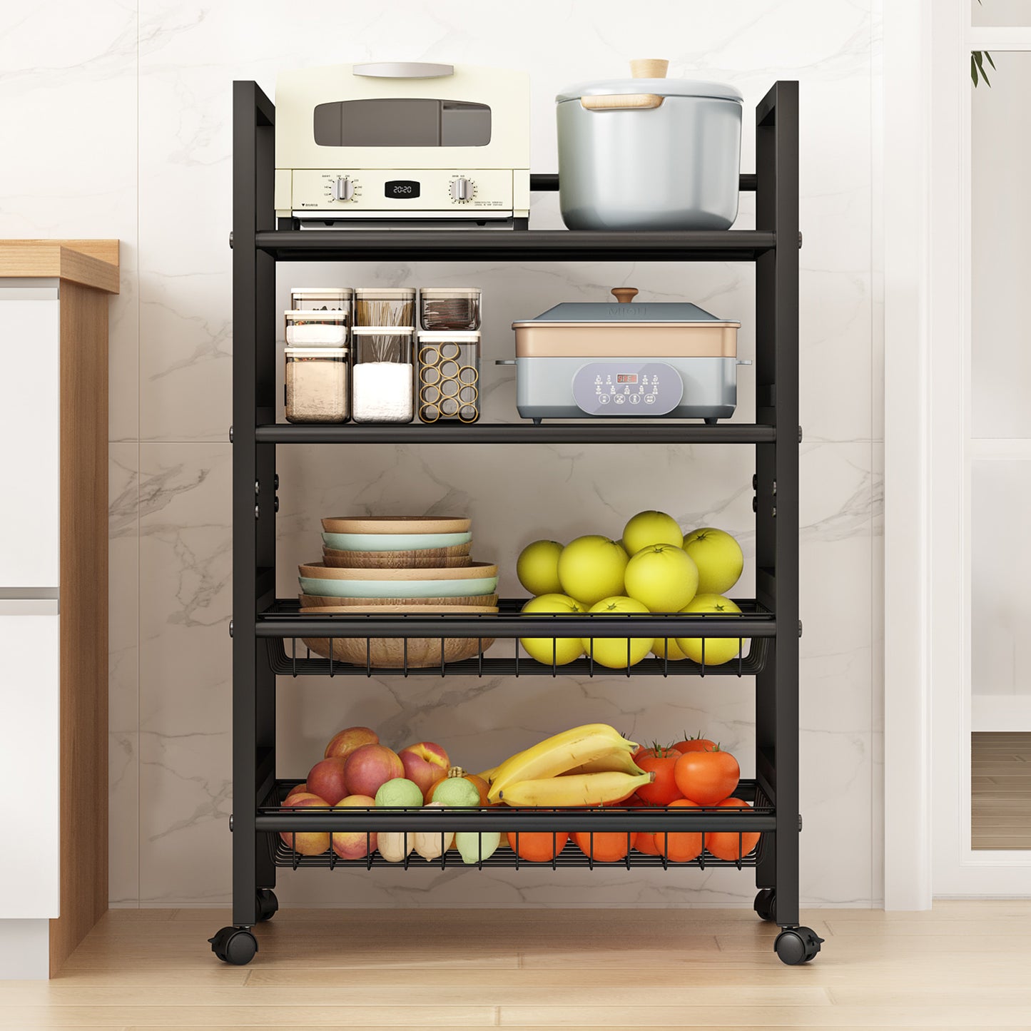 LEAIJIAFY 4-Tier Metal Rolling Cart with Removable Grid Shelves